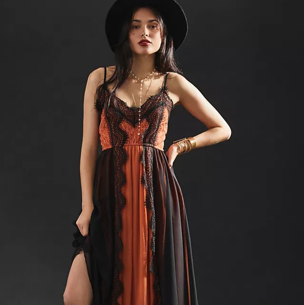 NWT Anthropologie Let Me Be Orange Black Lace Maxi Dress Small Medium
